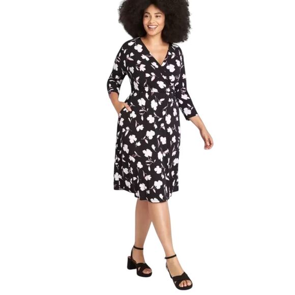 Lane Bryant Black Crossover Floral Fit & Flare Dress Sz 18/20 - Picture 1 of 9